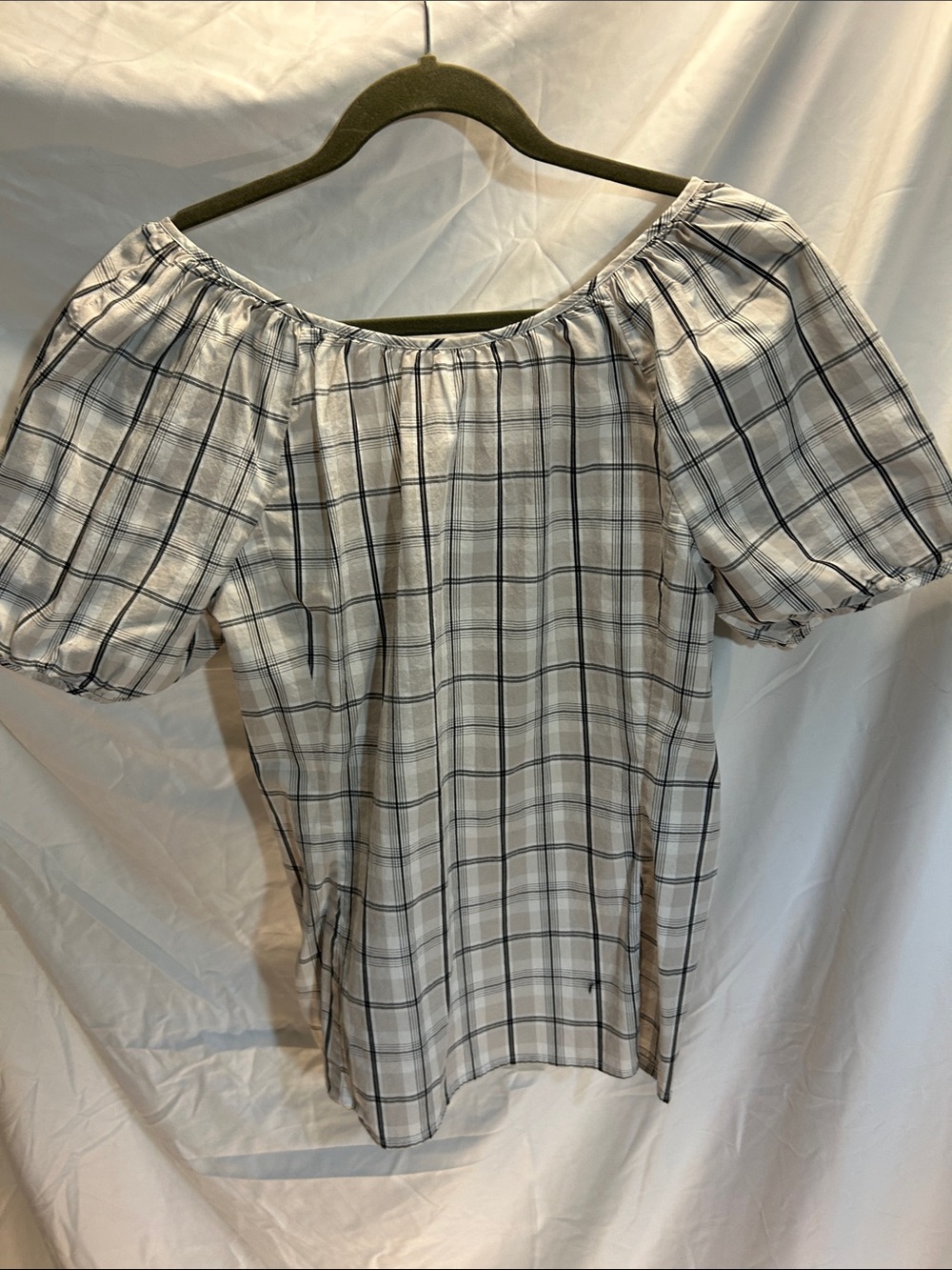 J. Crew White and Black Plaid Off-Shoulder Blouse